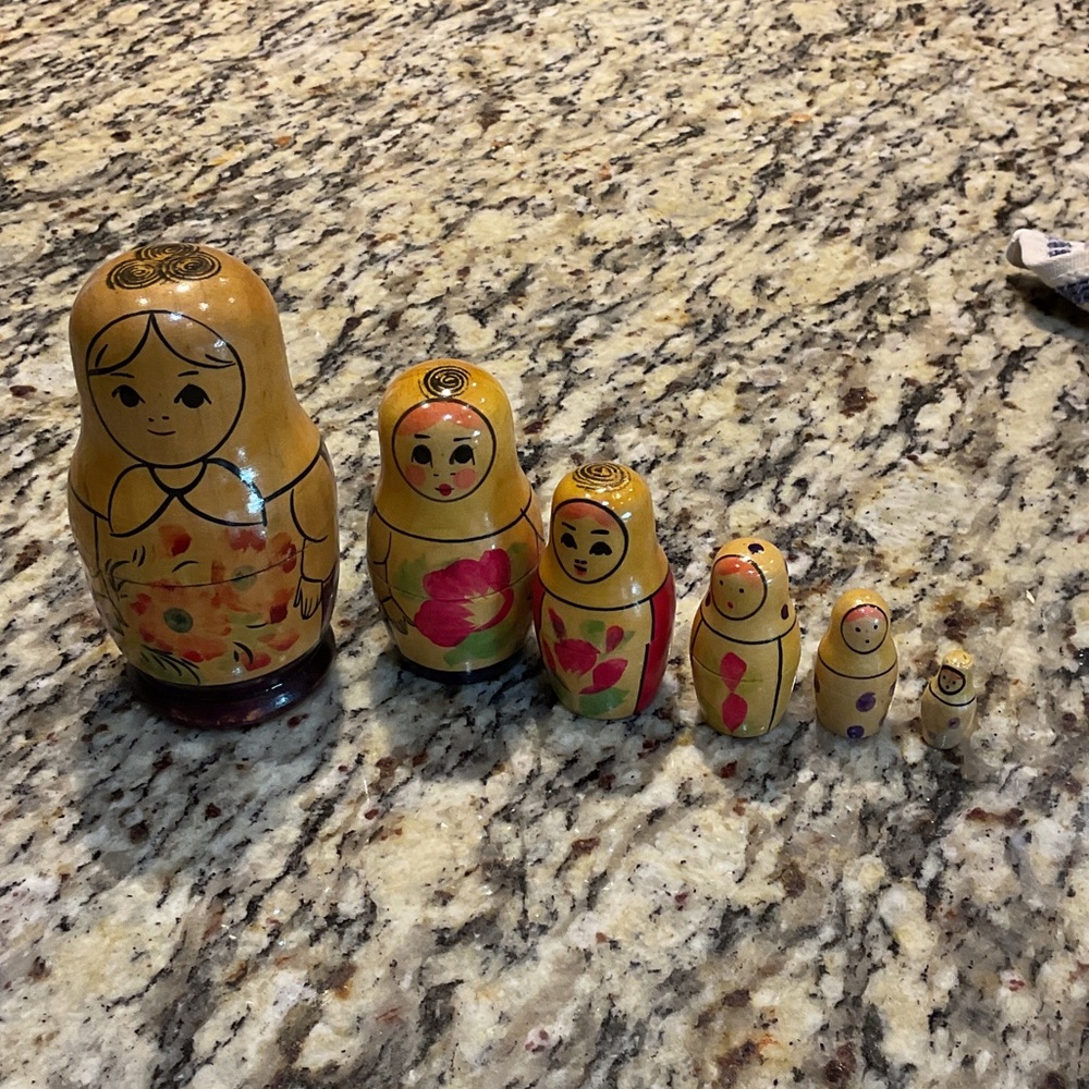 RussianPurple, Red and Yellow Wooden Matroyshka Nesting Dolls. Set of six